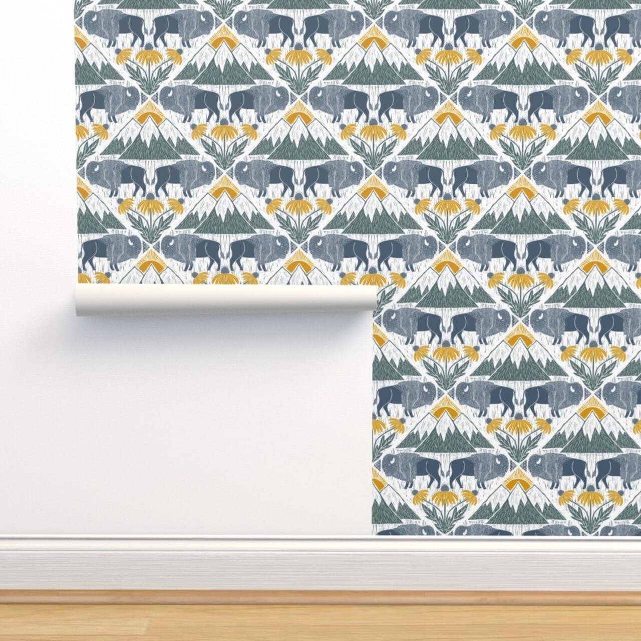 Bison Western Floral Blue Yellow Mountains Prairie National Parks Wildflower Lattice Custom Removable Wallpaper by Spoonflower Peel & Stick Wallpaper 2FT Wide